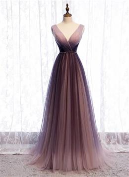 Picture of Pretty Gradient V-neckline Tulle Long Prom Dresses Party Dresses, Gradient Evening Gown